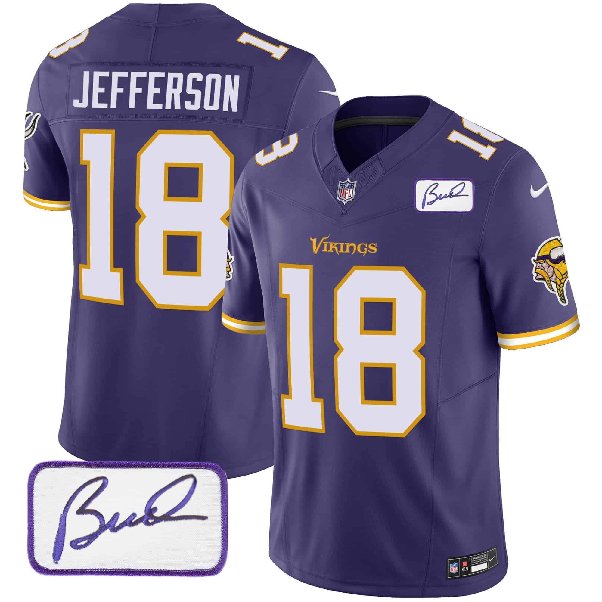 Men Minnesota Vikings #18 Jefferson Purple 2024 Nike Bud Grant Patch Classic Limited NFL Jersey style 5